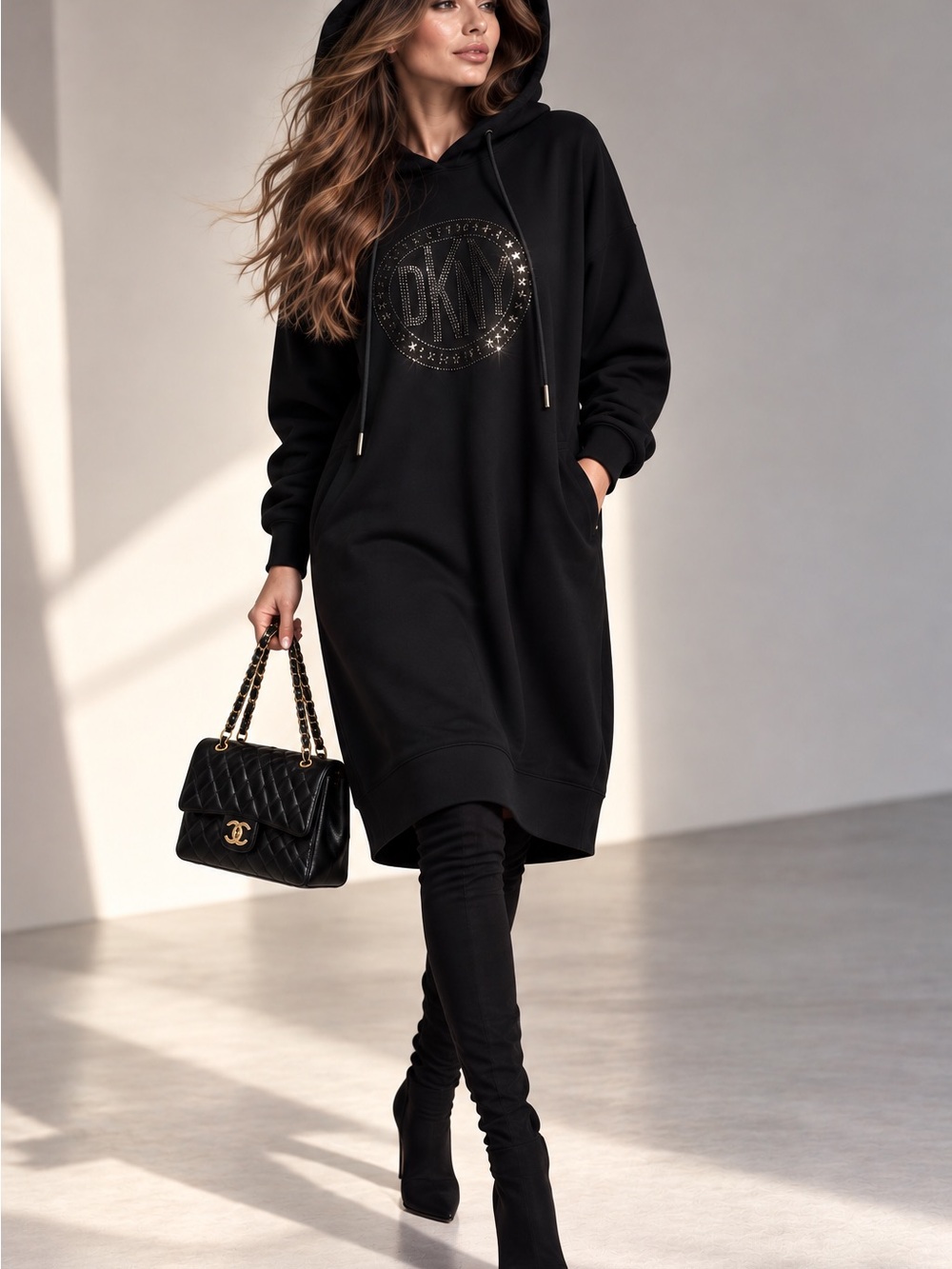 DKNY Black Midi Hoodie Dress with Logo Embellishment